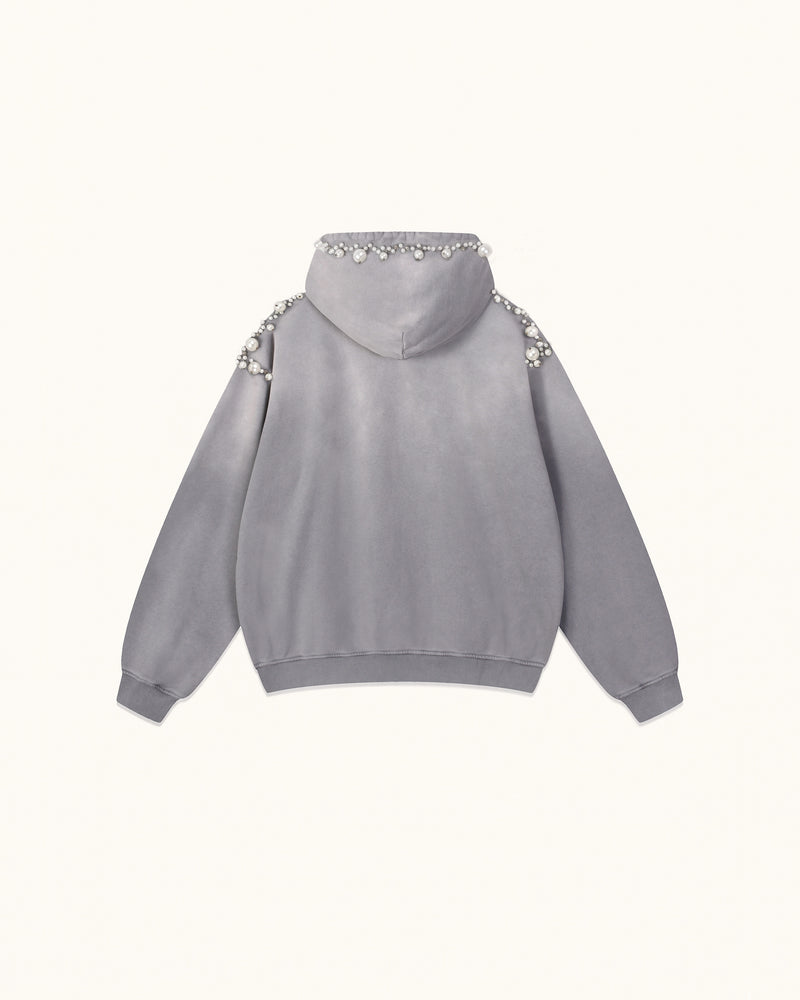The Opulent Off-White Pearl Trim Hoodie - Washed Grey