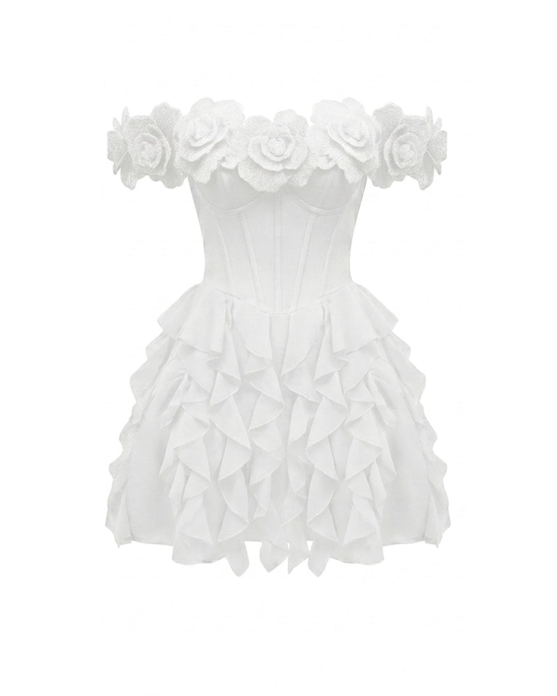 Flower Embroidered Off-Shoulder Corset Mini Dress - White