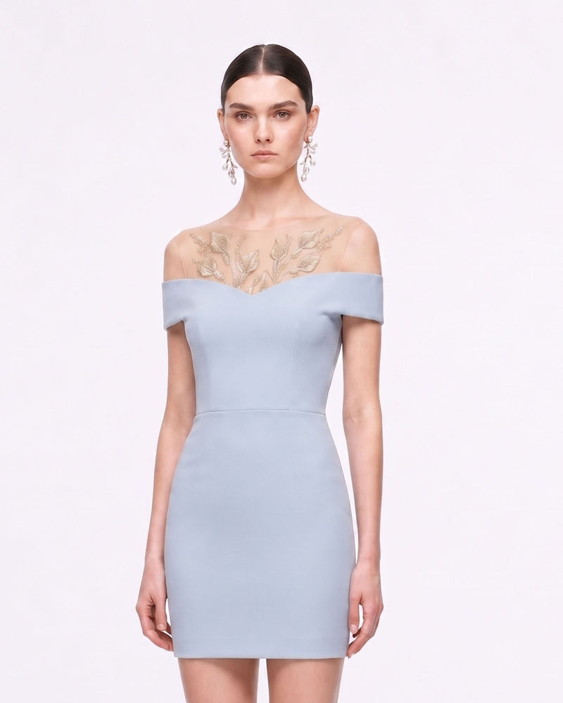Botanical Embellished Illusion Off-Shoulder Mini Dress - Light Blue