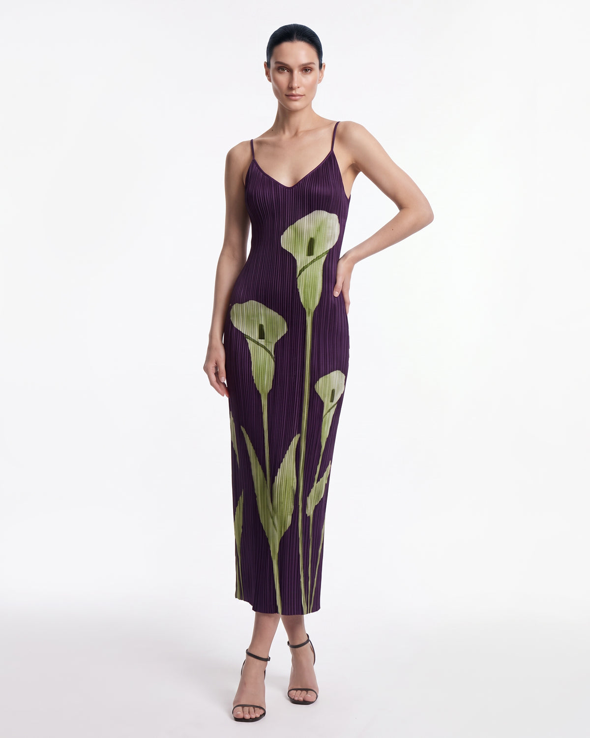 Calla Lily Pleated Strappy Midi Dress - Purple & Green