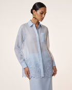 Orchid-Embroidered Button-Collar Shirt - Light Blue