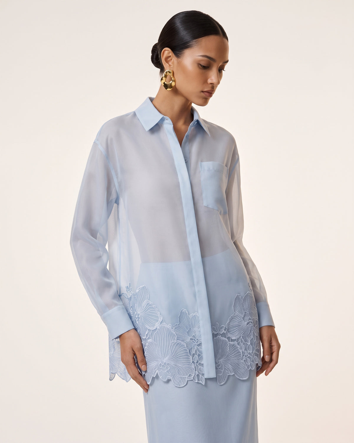 Orchid-Embroidered Button-Collar Shirt - Light Blue