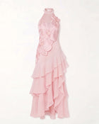 Orchid Embroidered Halter Asymmetric Layered Maxi Dress - Pink