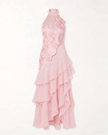 Orchid Embroidered Halter Asymmetric Layered Maxi Dress - Pink