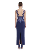 Embroidered Floral Applique V-Neck Open-Back Maxi Dress - Navy