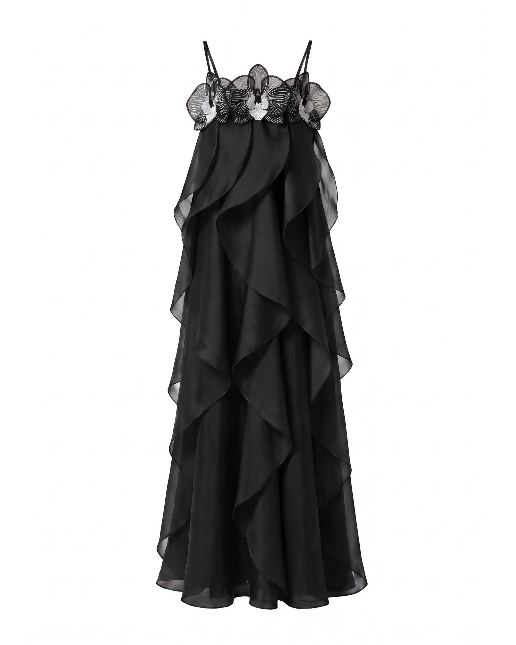 Orchid Embroidered Organza Maxi Dress - Black