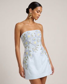 Floral Embroidered Strapless Corset Mini Dress - Light Blue