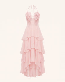 Flower Embroidered Halter Layered Maxi Dress - Pink