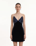 Beaded Floral Strappy Open-Back Mini Dress - Black & Navy