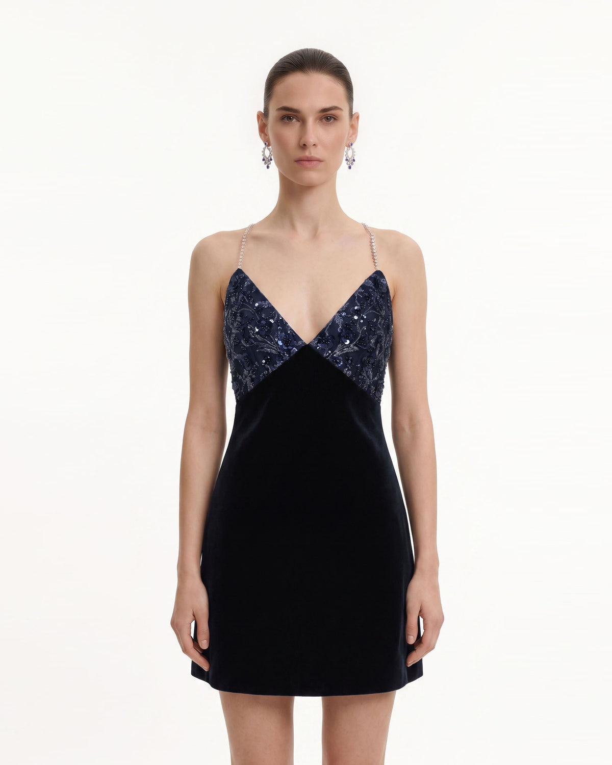 Beaded Floral Strappy Open-Back Mini Dress - Black & Navy