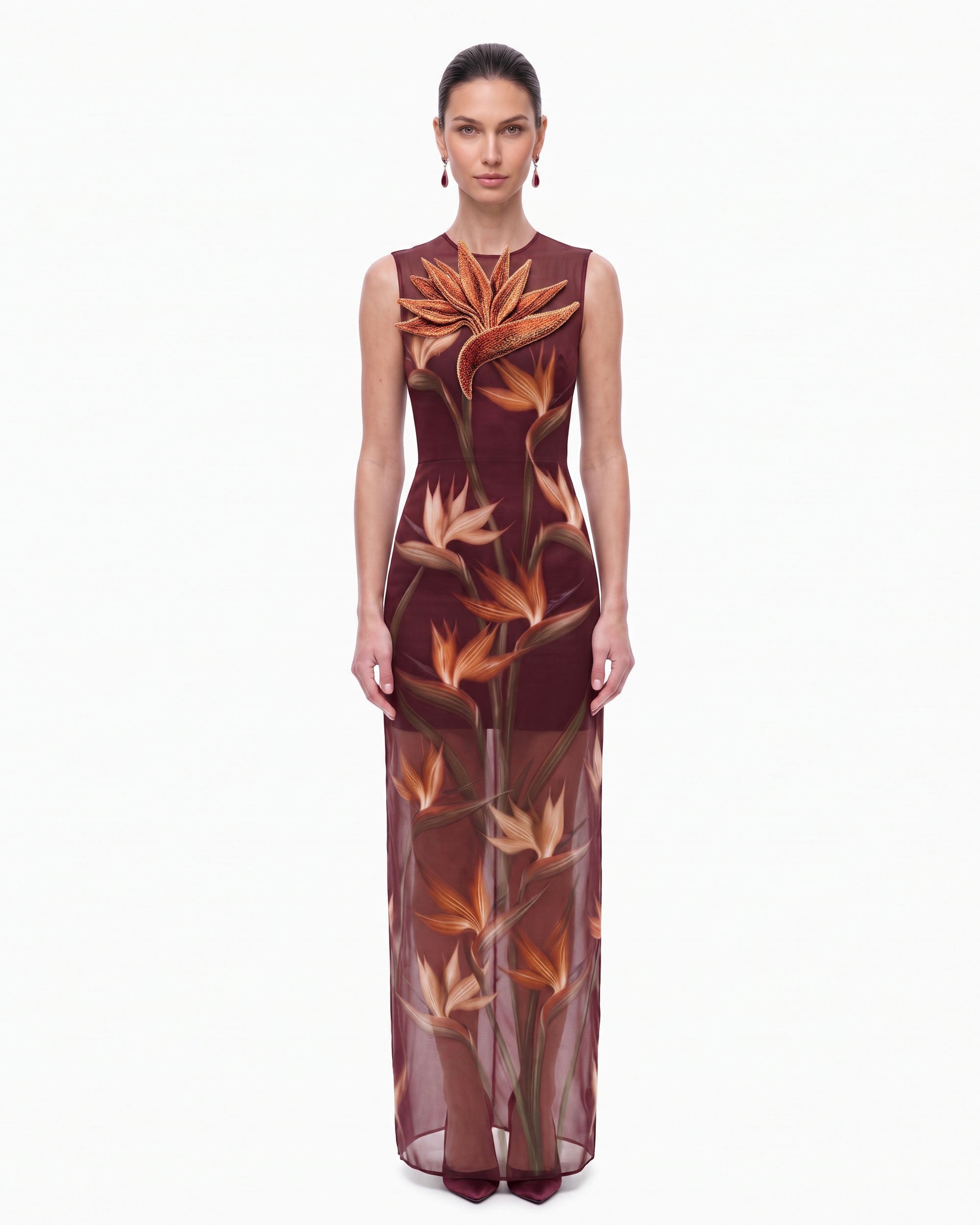 Bird of Paradise Appliqué Sheer Column Maxi Dress - Burgundy