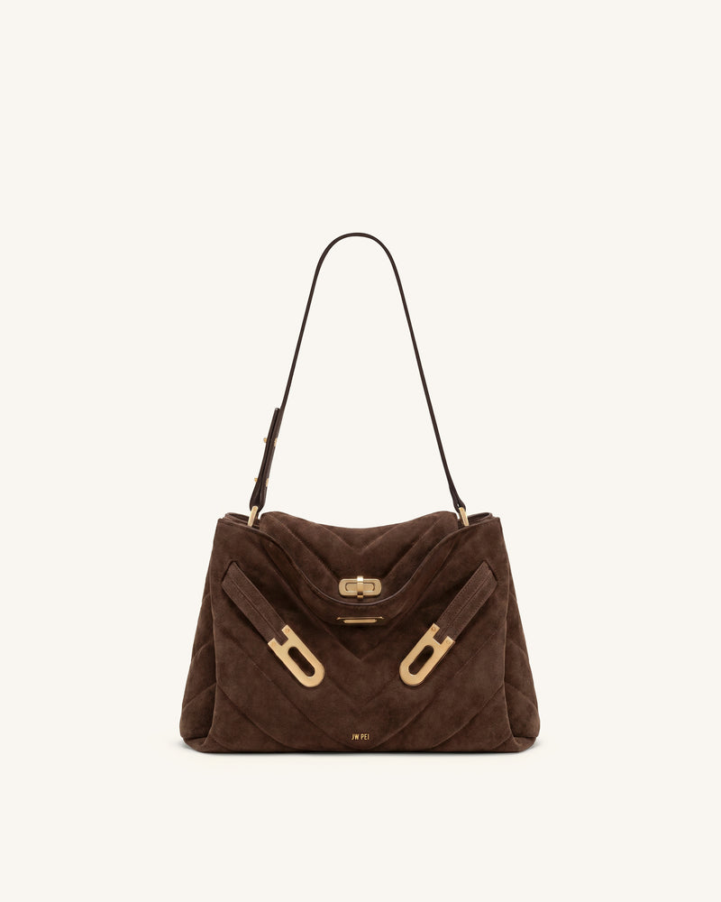 Rhea Faux Suede Quilting Double Buckle Shoulder Bag - Amber Brown
