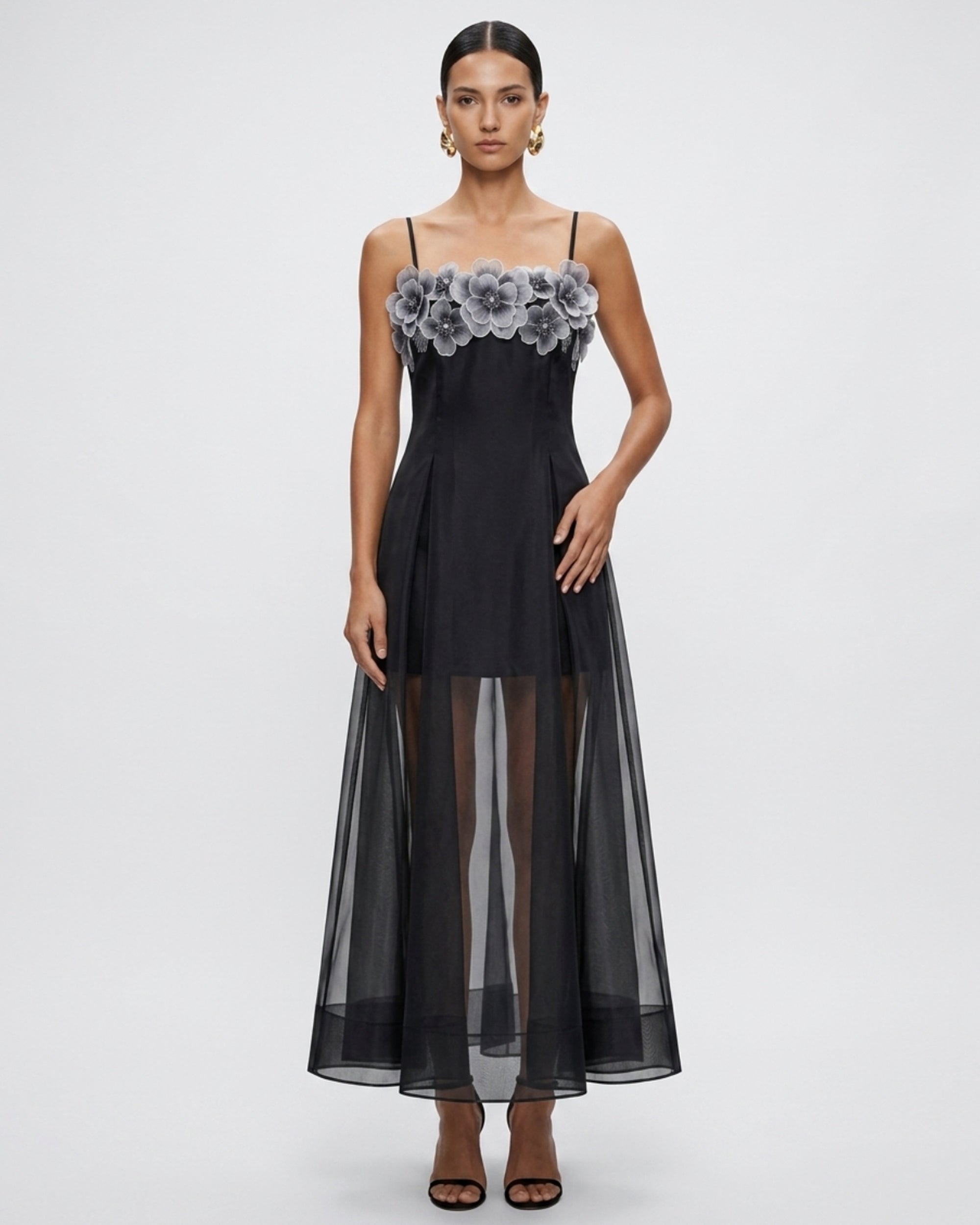 Floral Embroidered Sheer Layered Maxi Dress - Black