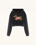 Whimsical Faux Embroidery Dachshund Cropped Hoodie - Black
