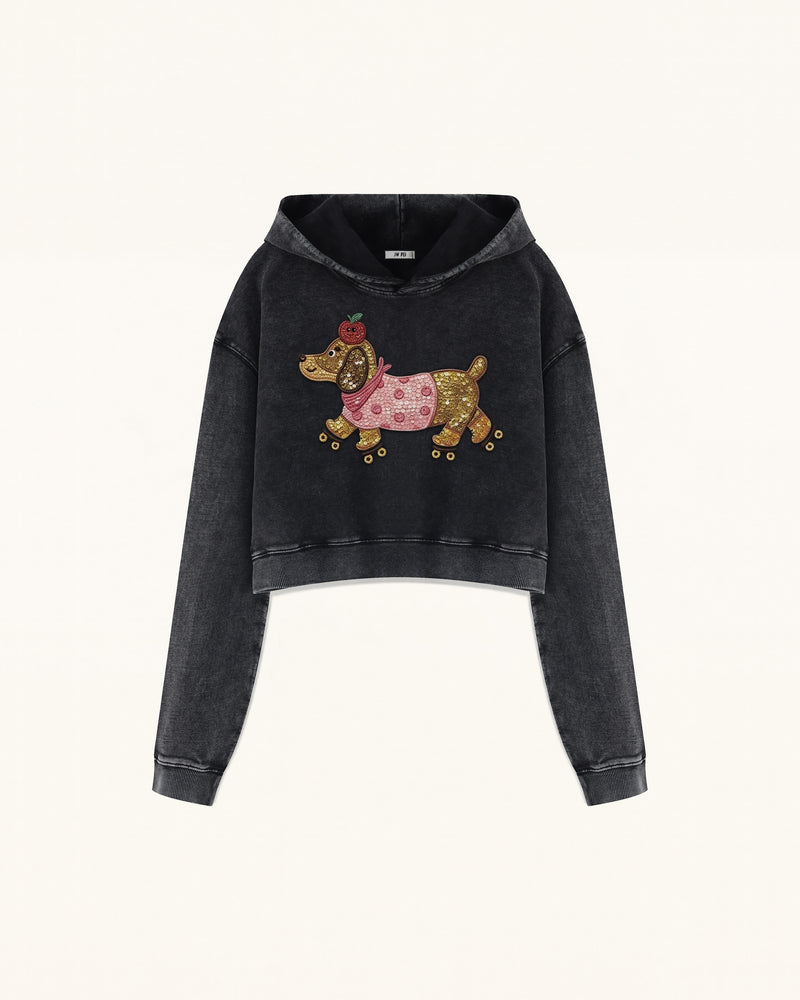 Whimsical Faux Embroidery Dachshund Cropped Hoodie - Black