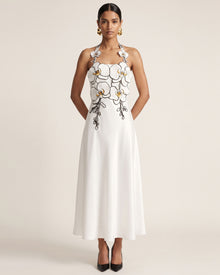 3D Floral Halter Satin Midi Dress - White