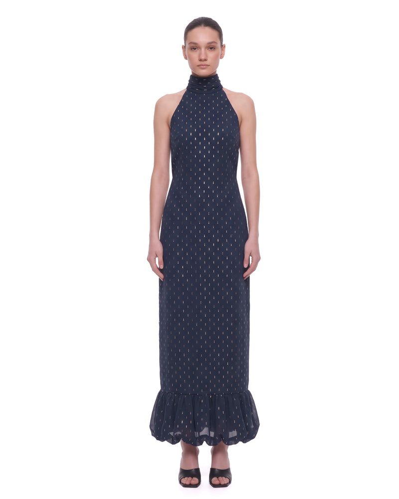 Embellished Halter Backless Balloon-Hem Maxi Dress - Navy