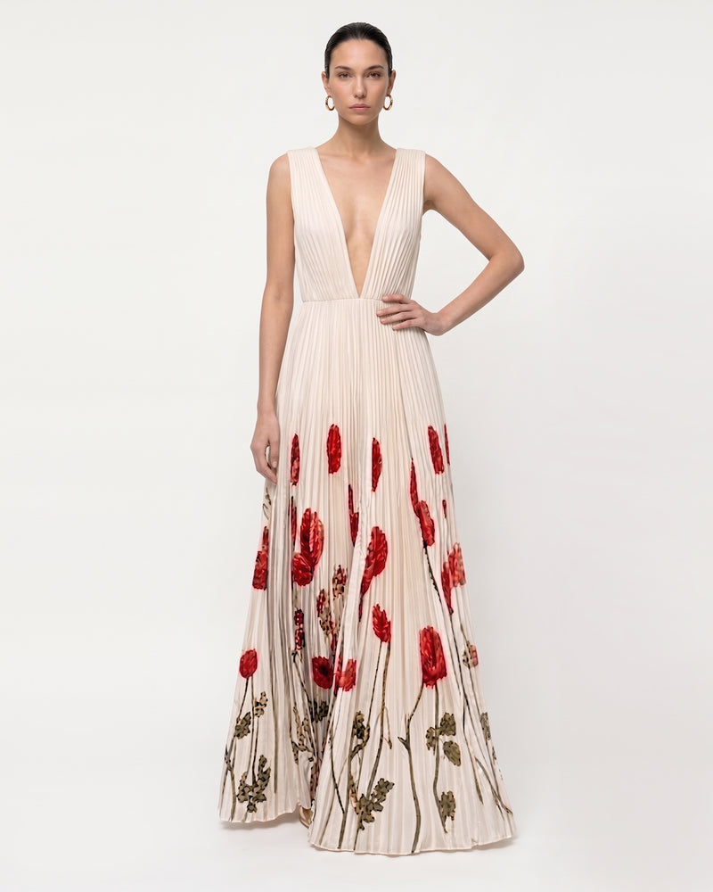 Printed Corn Poppy Plissé Plunge Maxi Dress - Ivory