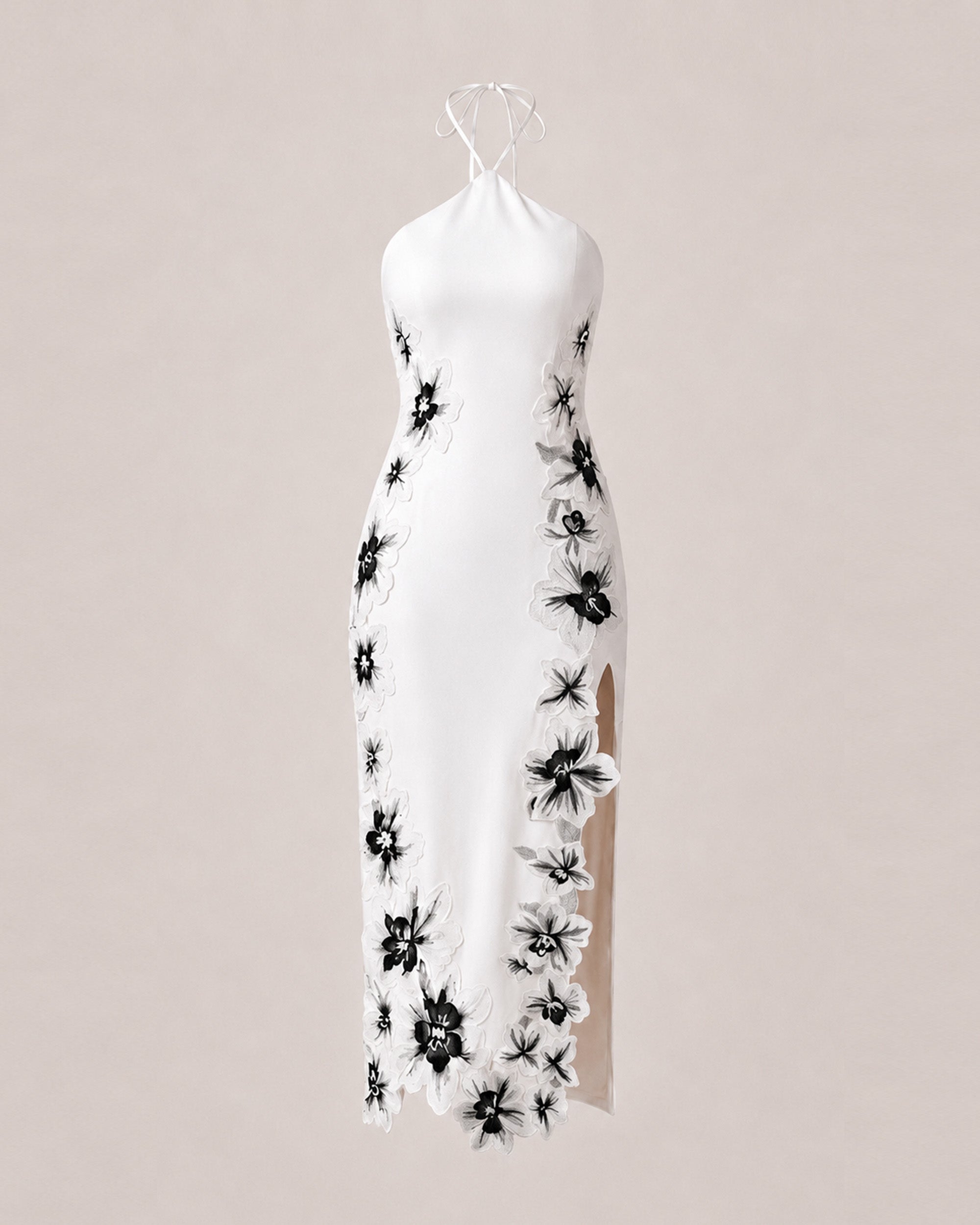 Flower Embroidered Halter Slit Midi Dress - White