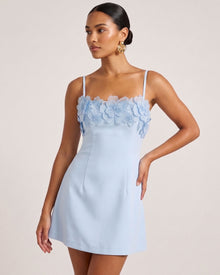 Flower Embroidered Trim Spaghetti Strap Mini Dress - Light Blue