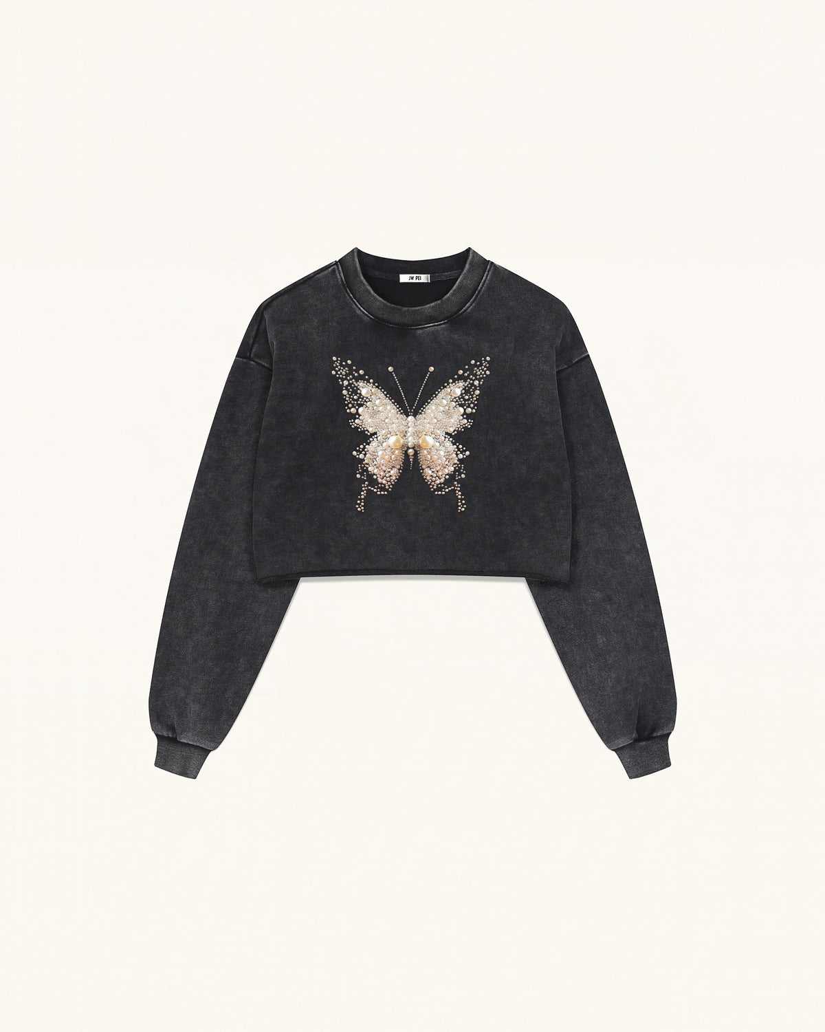 Cream 3D Pearl Butterfly Sweatshirt - Black