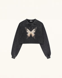 Cream 3D Pearl Butterfly Sweatshirt - Black