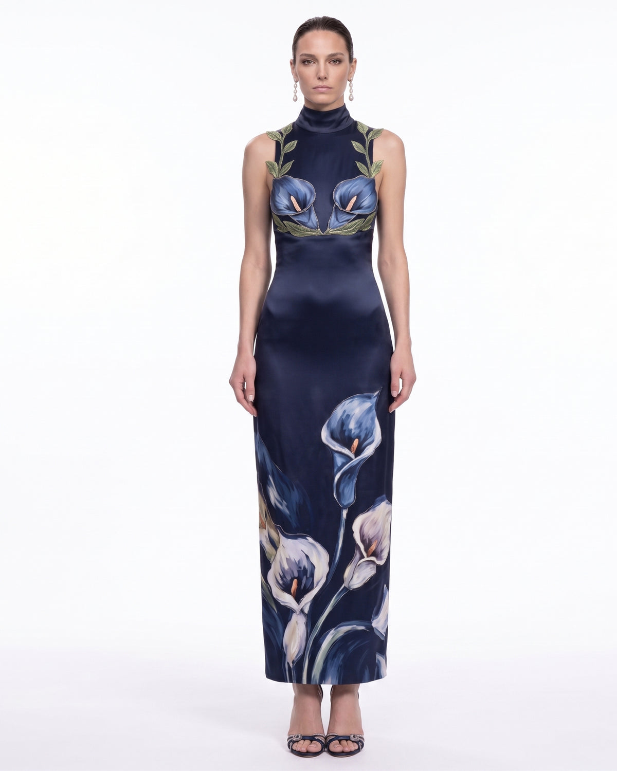 3D Floral Mock-Neck Column Maxi Dress - Navy