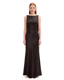 Tulip Appliqué Cowl-Back Satin Column Maxi Dress - Black