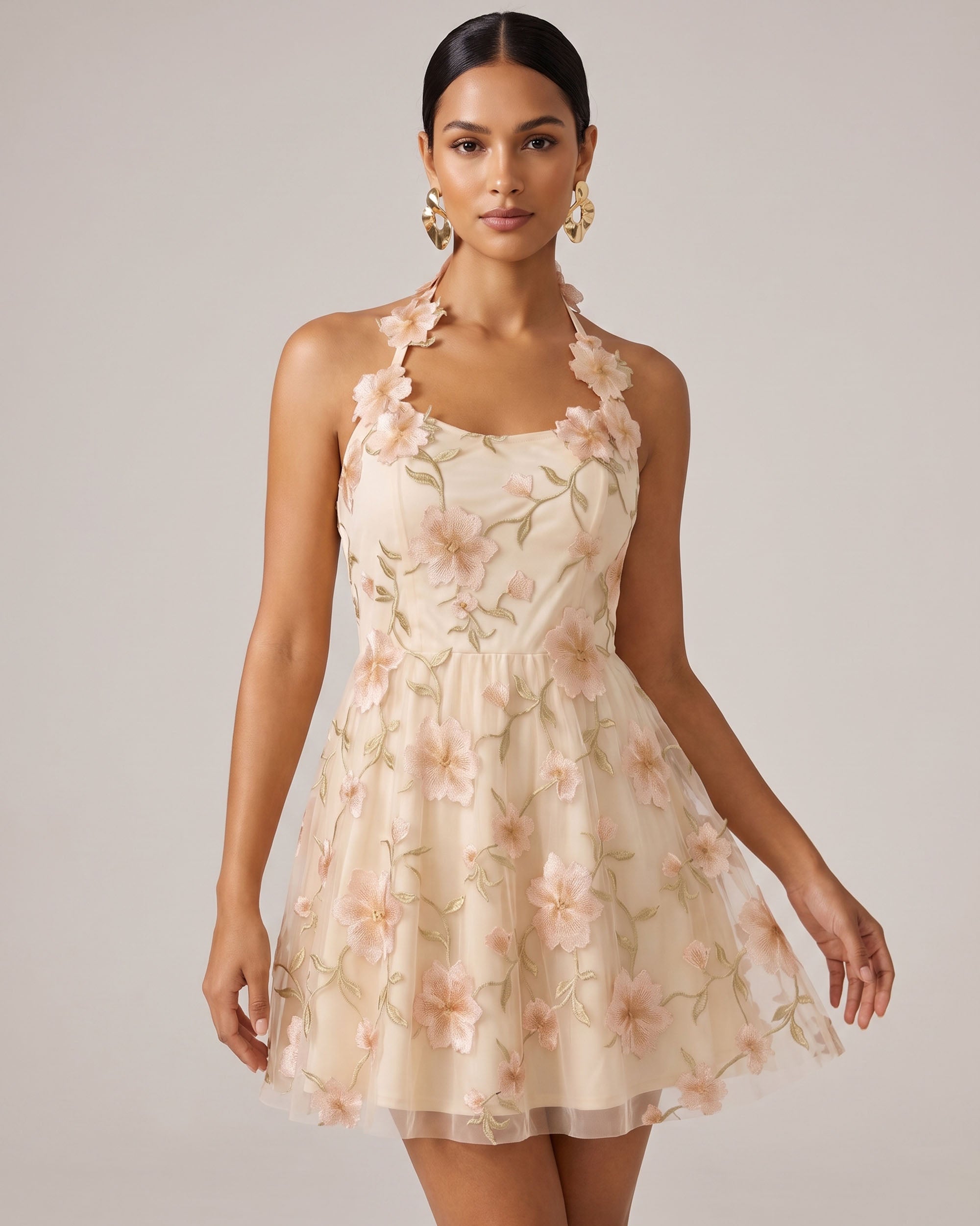 3D Floral Appliqué Sheer Mini Dress - Champagne