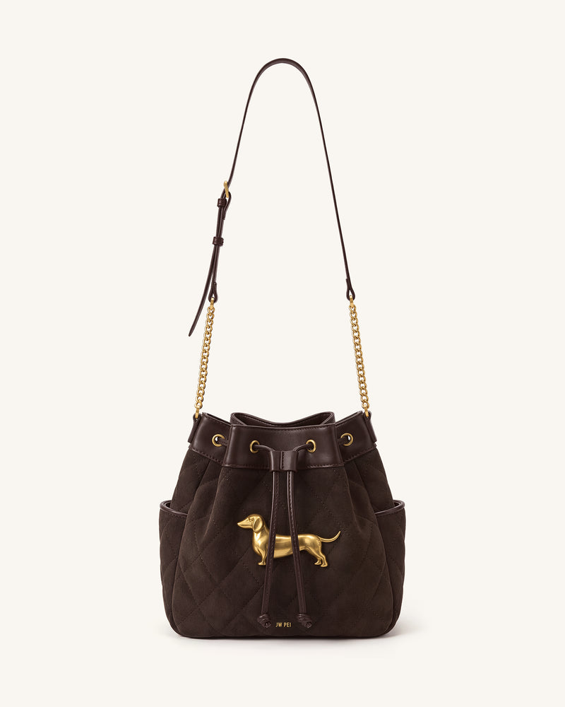 Riley Faux Suede Dachshund Quilted Bucket Bag - Brown