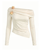 3D Embroidered Tulip Off-Shoulder Draped Top - Cream