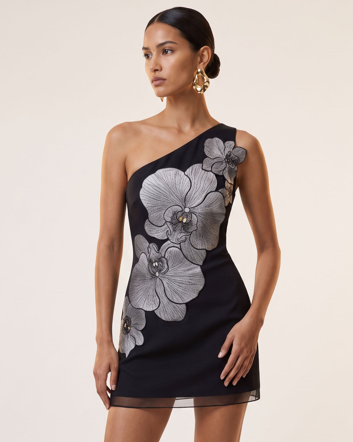 Orchid Embroidered One-Shoulder Fitted Mini Dress - Black