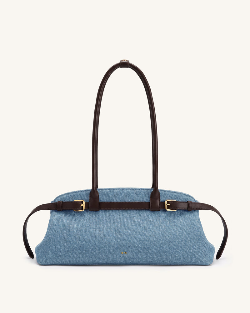 Arden Belt Detail East-West Shoulder Bag - Light Blue Denim