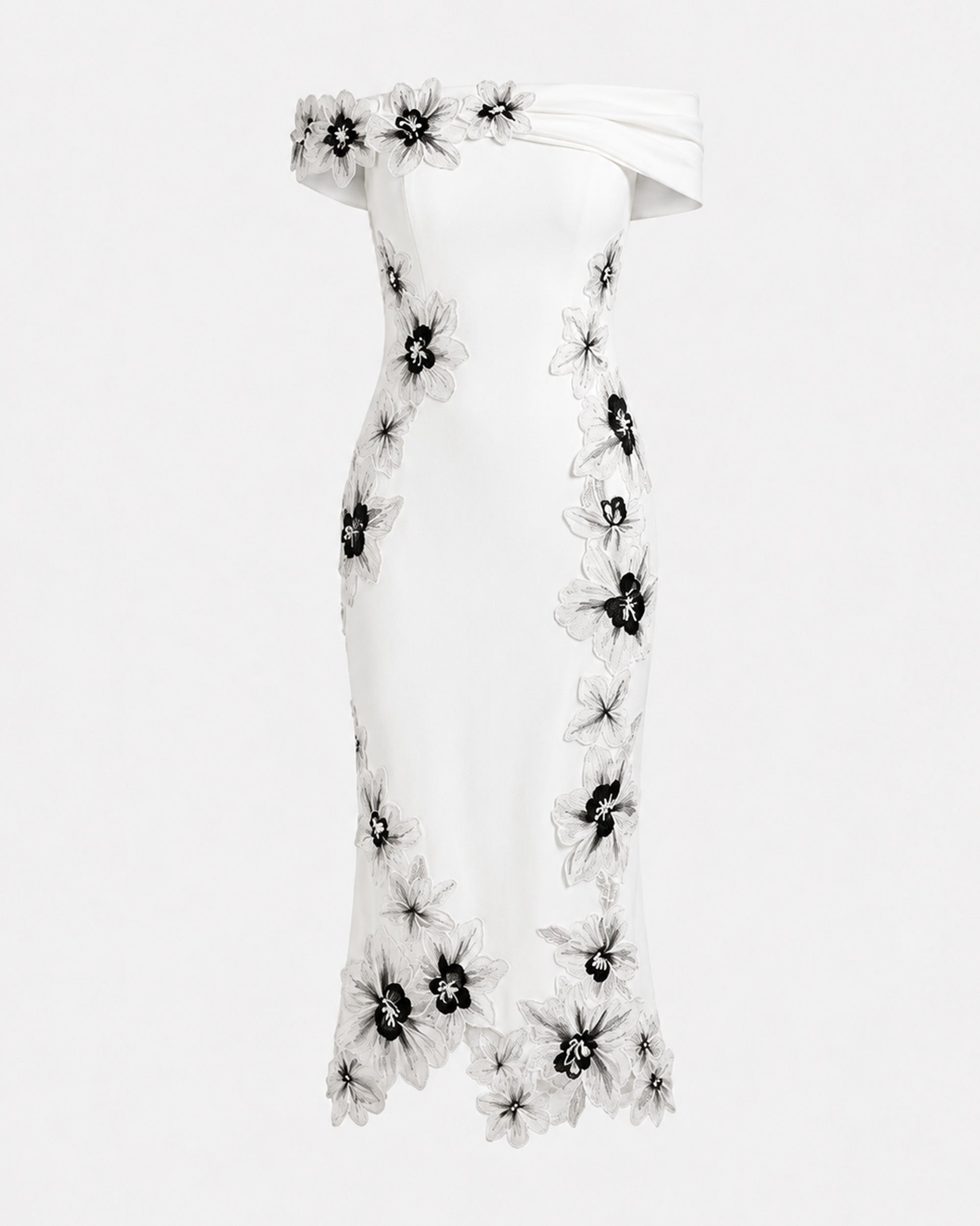 Flower Embroidered Off Shoulder Midi Dress - White