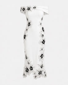 Flower Embroidered Off Shoulder Midi Dress - White