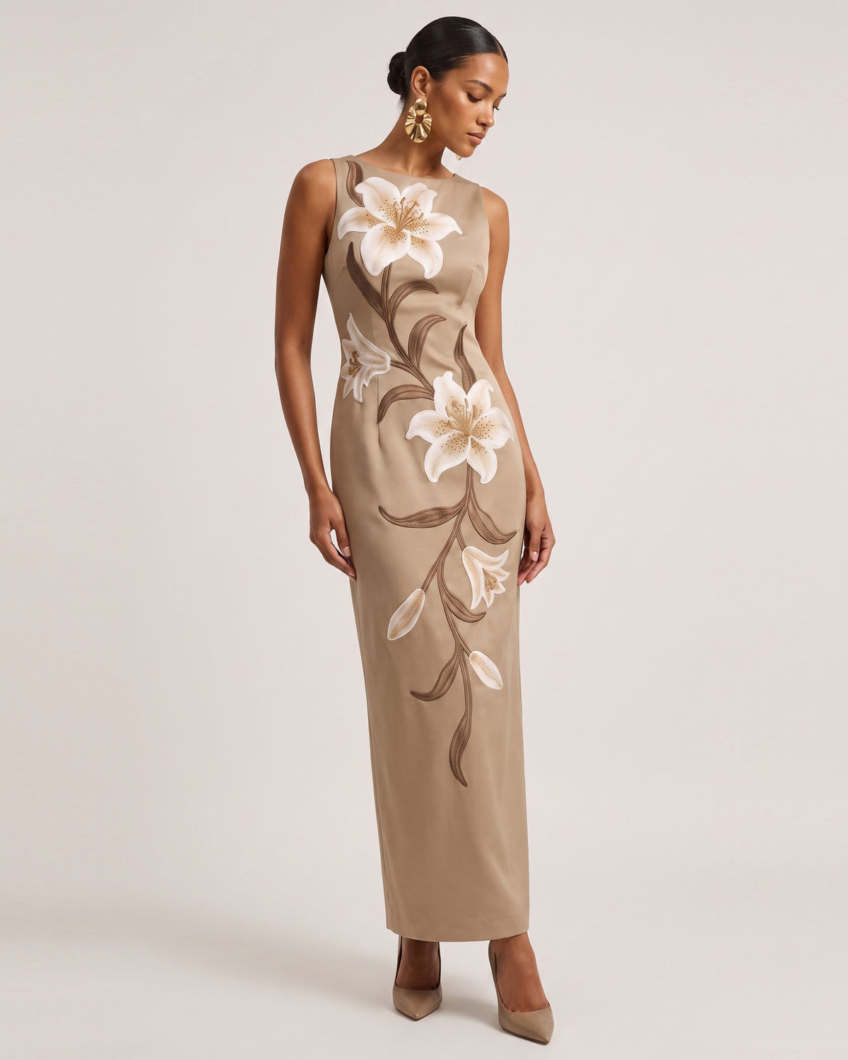 Lily Floral Print Sleeveless Column Maxi Dress - Mocha Brown
