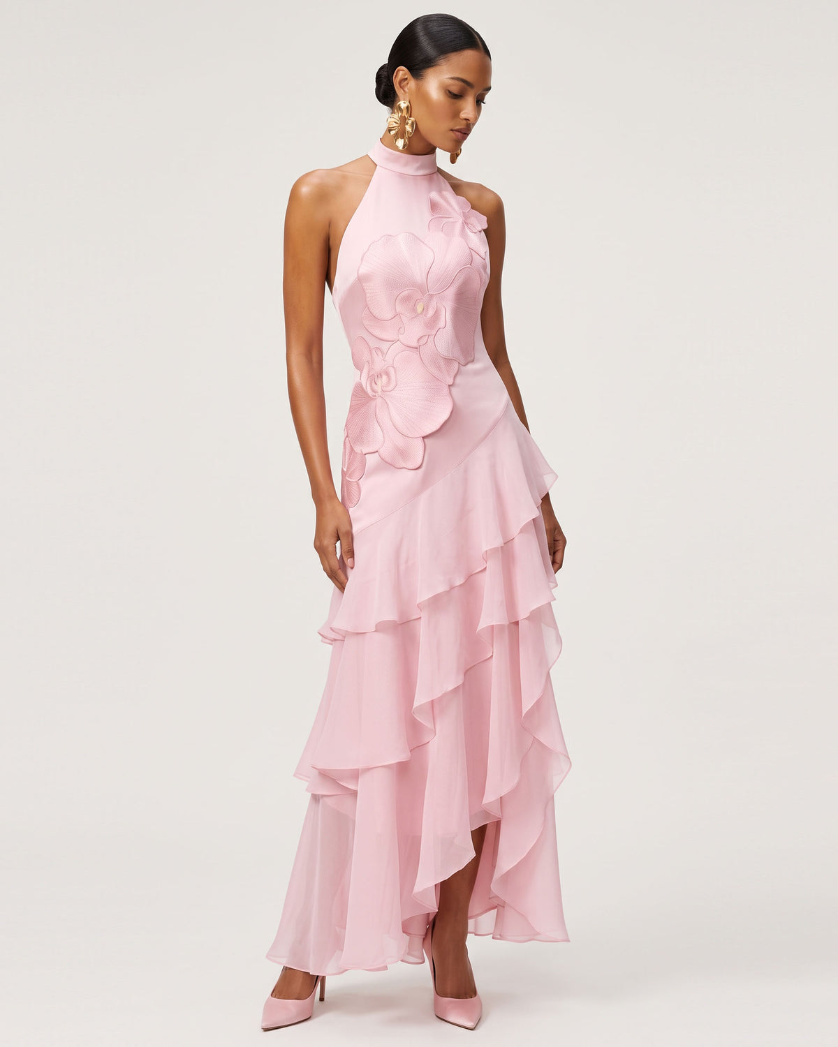 Orchid Embroidered Halter Asymmetric Layered Maxi Dress - Pink