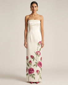 Rose Embroidered Strapless Long Dress - Pure White
