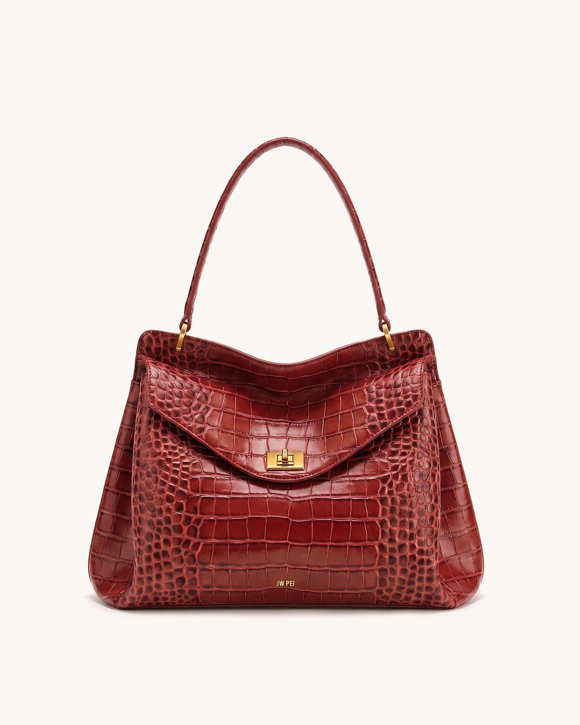 Lucia Turn-Lock Shoulder Bag - Dark Red Croc