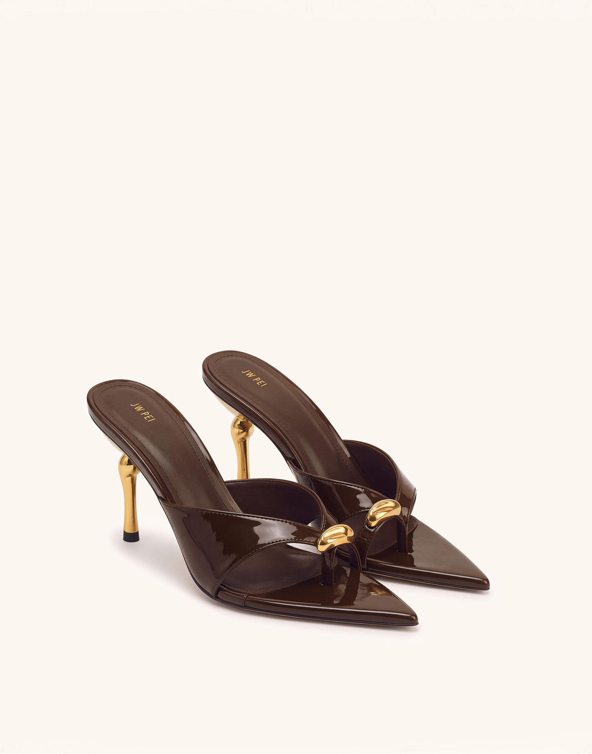Noemi Square-Toe Metal Accent Patent Sandals - Dark Brown