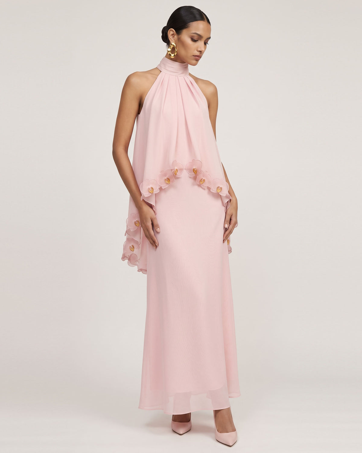Orchid Embroidered Trim Ruched Halter Maxi Dress - Blush Pink