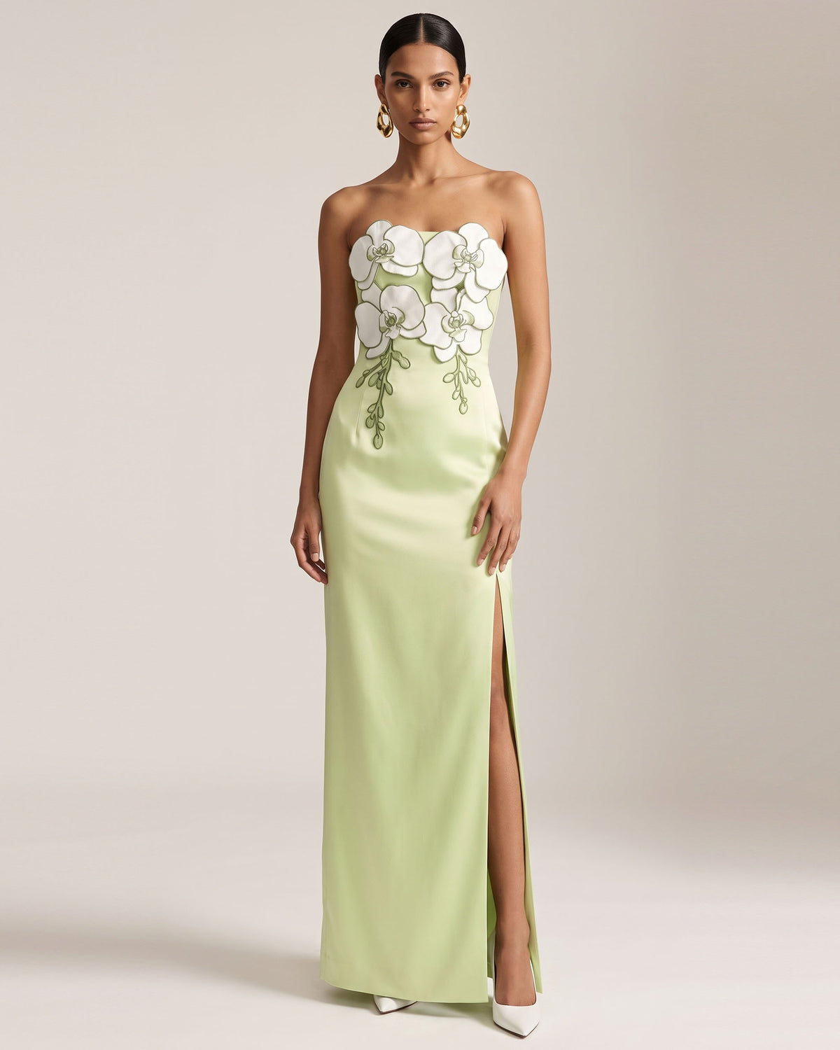 3D Floral Strapless Slit Satin Maxi Dress - Lime Green