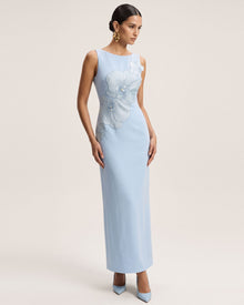 Orchid Embroidered Crew Neck Fitted Maxi Dress - Light Blue