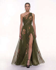 Floral One Shoulder Maxi Dress - Olive Green