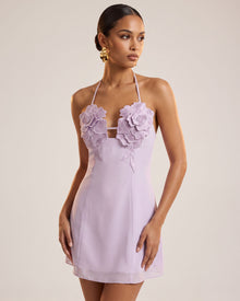 Flower Embroidered Mini Dress - Light Purple