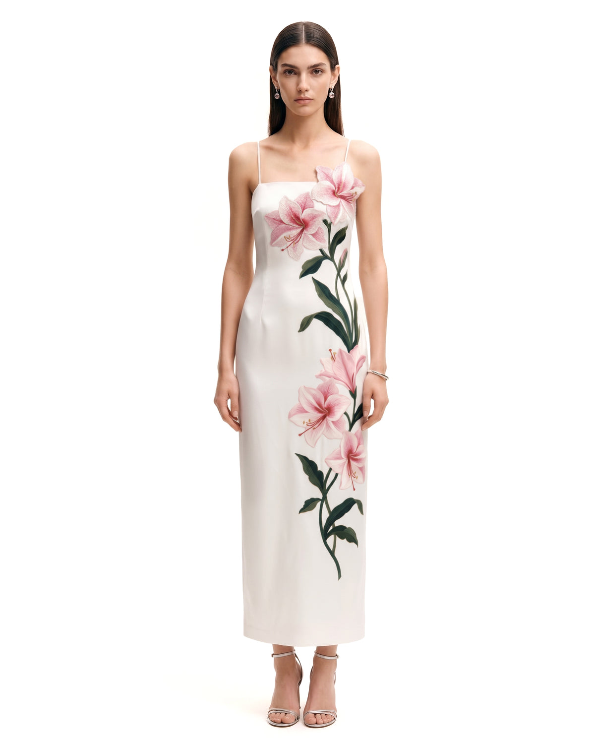 Amaryllis Appliqué Floral Strap Satin Maxi Dress - White