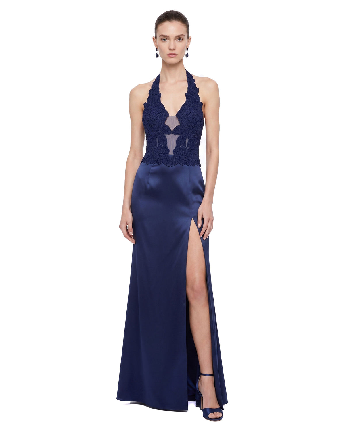 Floral Lace Halter Slit Satin Maxi Dress - Navy