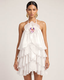 Orchid Embroidered Tiered Halter Mini Dress - White