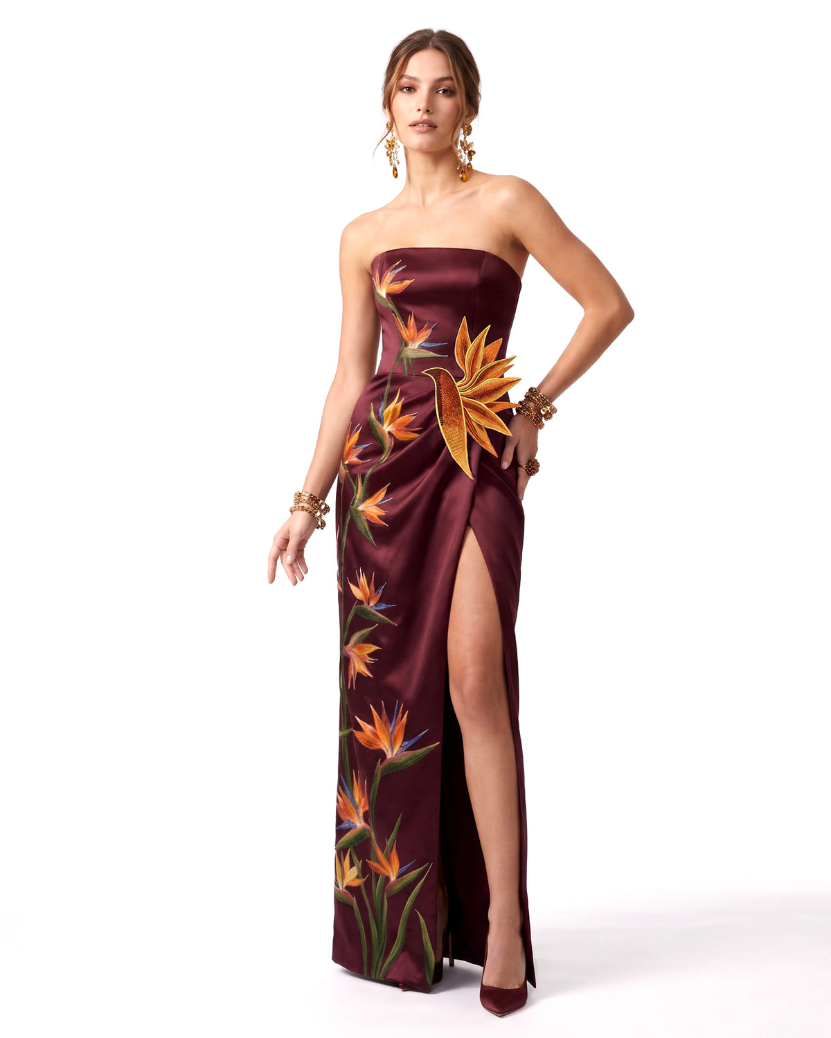3D Bird Of Paradise Strapless Slit Dress - Deep Burgundy