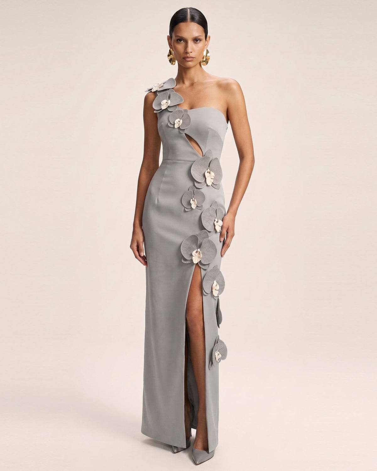Orchid Embellished Cutout Slit Maxi Dress - Grey